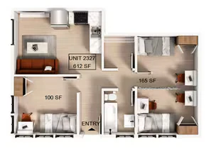 2 Bedroom | 1 Bath Shared-Premium floor plan